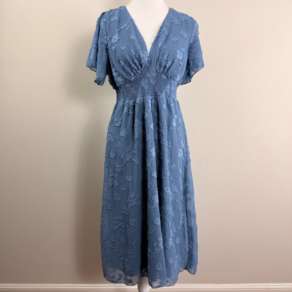 Baltic Born June Smocked Midi Dress Blue Textured V-Neck Womens Medium NEW